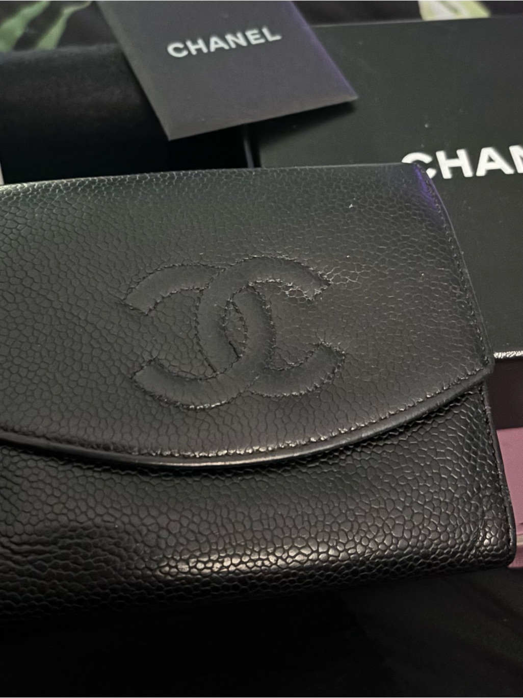 Chanel Black Quilted Caviar Leather Wallet Embossed Cc Authentic